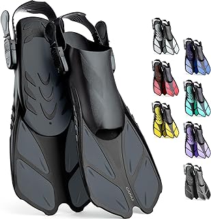 CAPAS - Aletas de natación de talón abierto, tamaño de viaje, cortas, ajustables para buceo, adultos, hombres, mujeres y niños