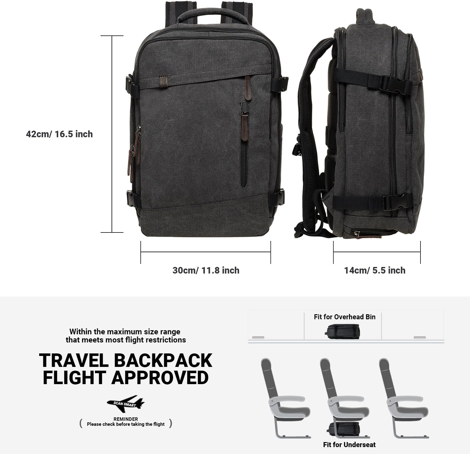 KAUKKO Thick Canvas Travel Backpack, Flight Approved Carry On Backpack with Shoe Pouch and 15.6 inch Laptop Compartment, 40L Luggage Casual Daypack Weekender Bag 10-BLACK