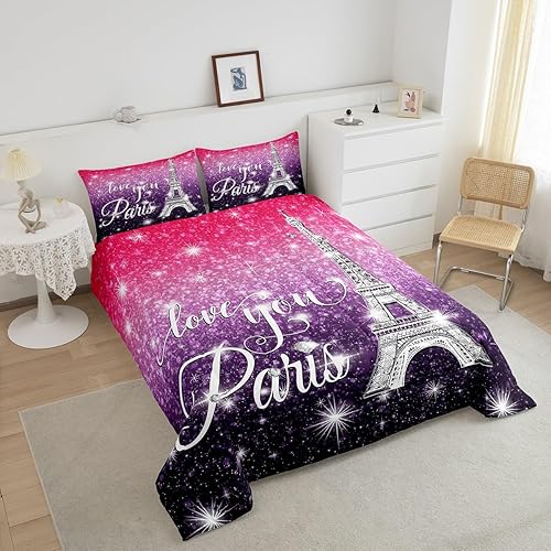 Miniatura 4 de Juego de edredón de París tamaño Queen para niños, Torre Eiffel, edredón brillante con cielo estrellado y galaxia para niños, niñas, adolescentes,