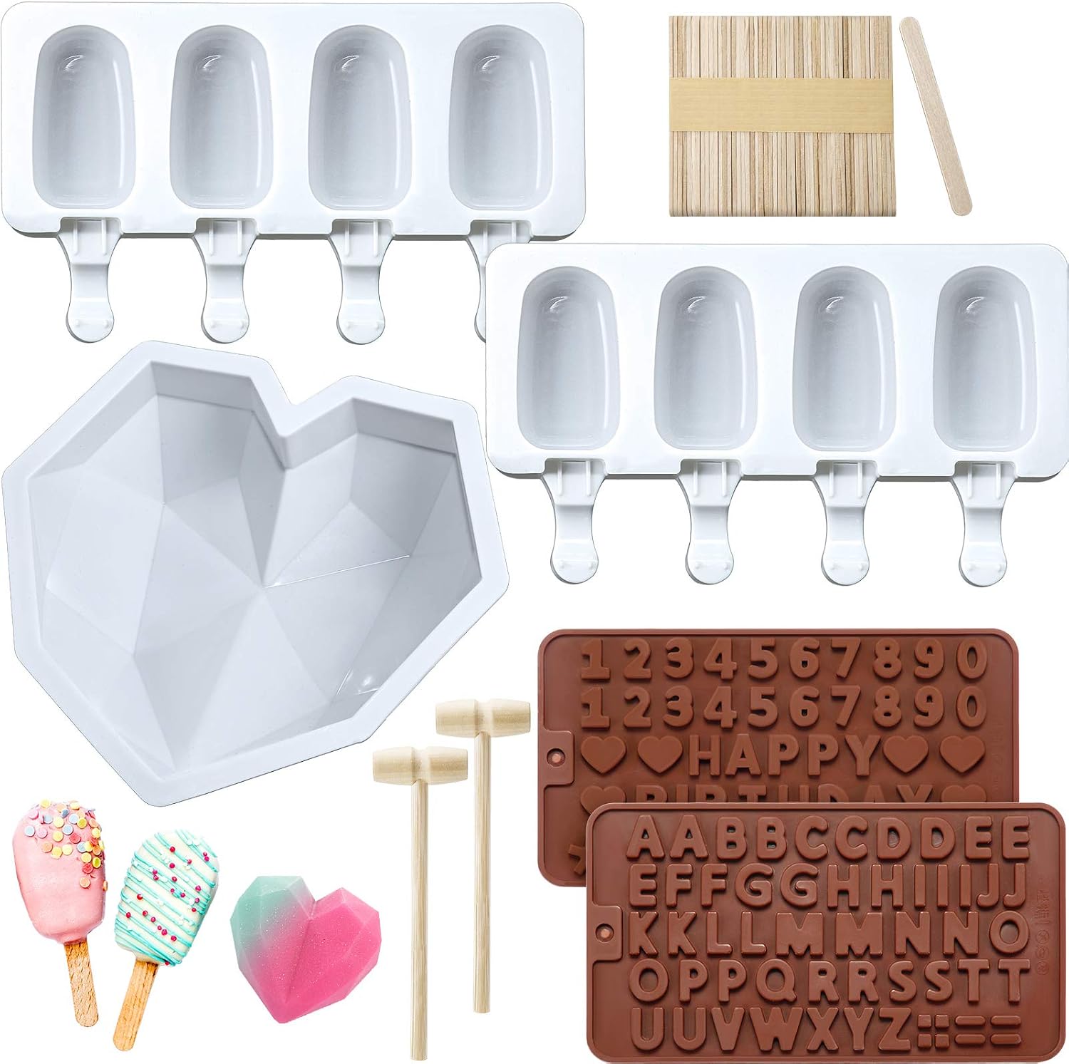 Diamond Heart Silicone Cake Mold Trays 8.7 Inch with 2 Pieces Wooden Hammers, 2 Pieces Silicone Ice Lolly Molds 4 Cavities Ice Lolly Molds with 50 Pieces Wooden Sticks and 2 Pieces Chocolate Molds
