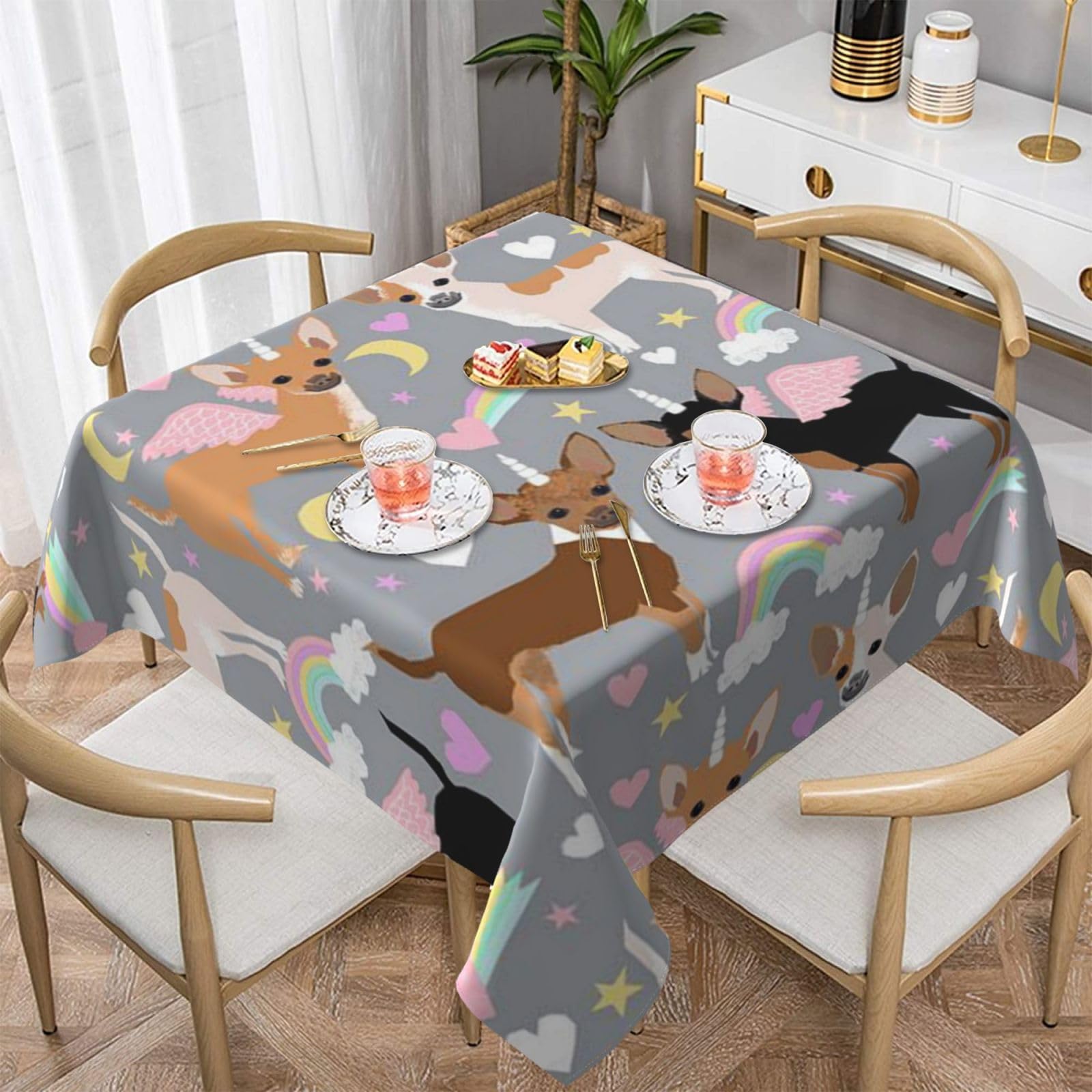 Nappe de cuisine imprimée chien rose, nappe carrée 152x152 imperméable anti-tache