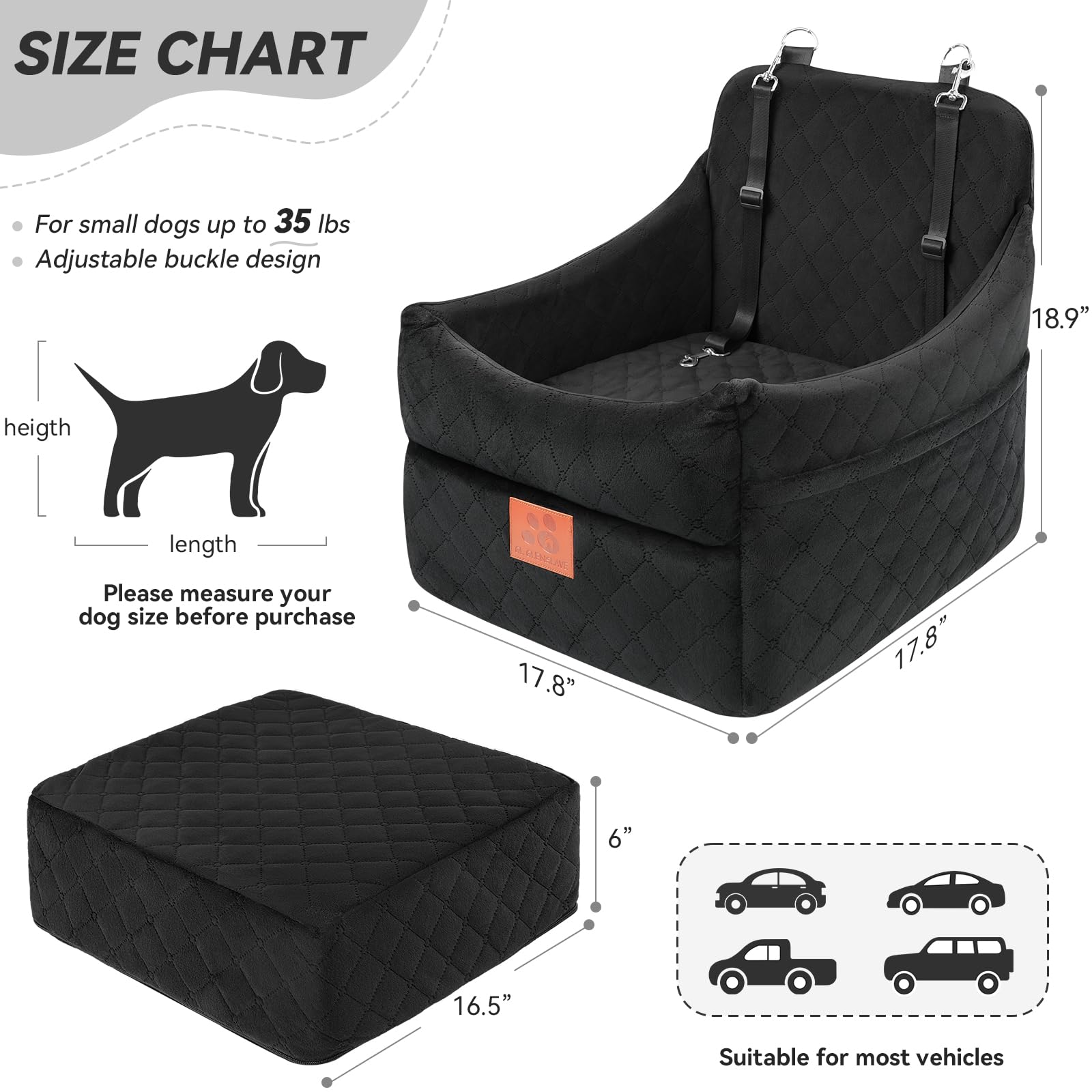 GL GLENSLAVE Asiento de coche para perros pequeños y medianos, asientos de coche elevados para perros con cojín grueso para perros de menos de 35 libras, asiento de coche desmontable lavable para