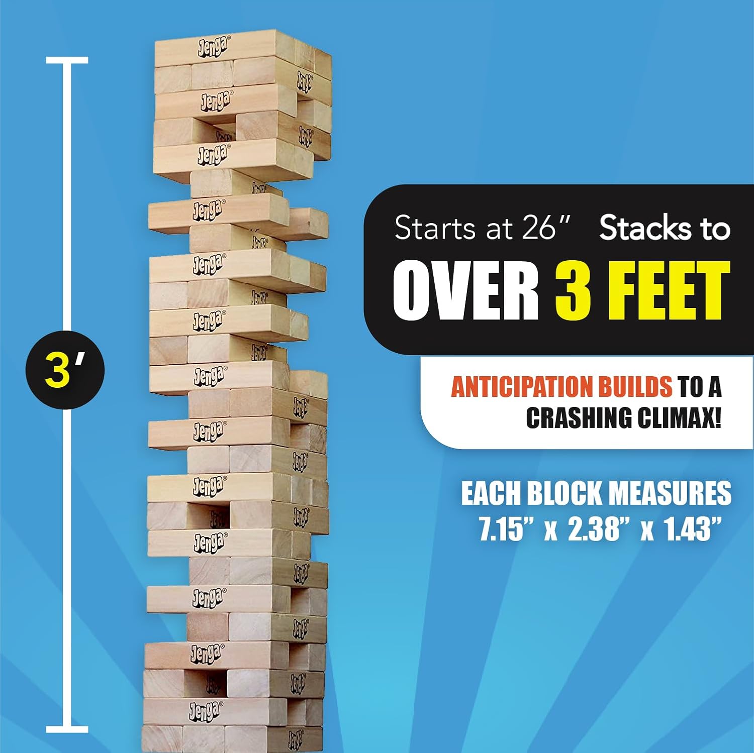 Jenga Giant Challenge, Stacking Game with Tournament Chart & Travel Bag, Party Game for Kids & Adults, Stacks to 3 Feet