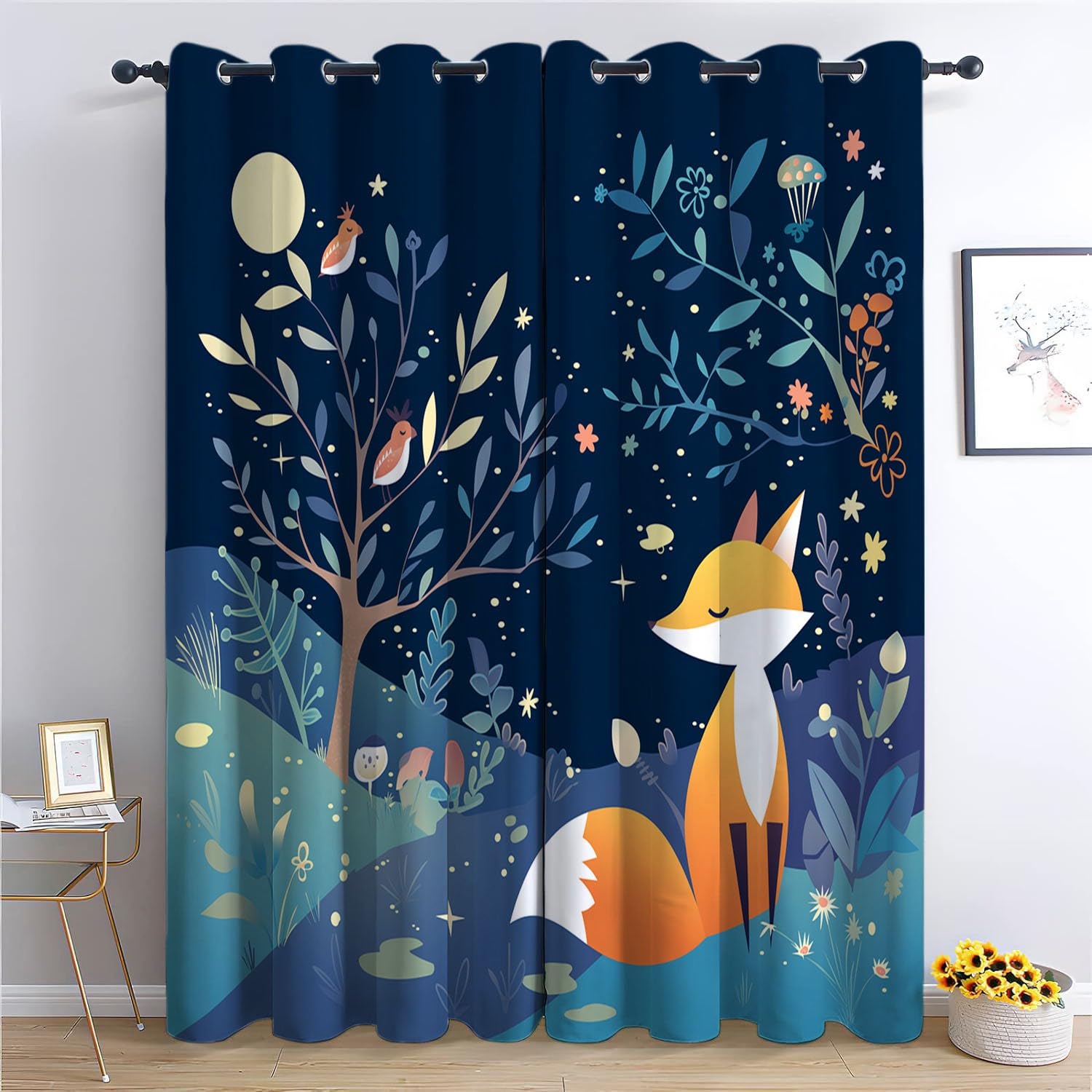 CozyRest Verdunklungsvorhänge Gardinen mit Ösen Blickdichte Vorhänge Lärmschutzvorhang für Kinderzimmer Thermo Gardinen mit Fuchs Vogel und Baum am Nachthimmel Muster, 215 x 110 cm (HxB), 2er Set