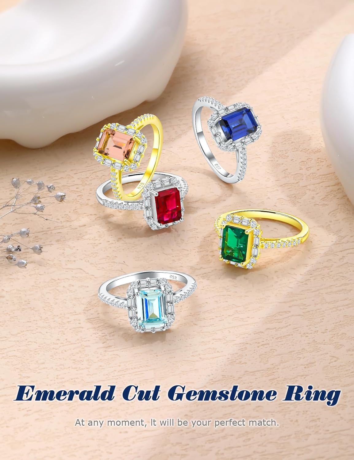 2CT 925 Sterling Silver Ruby/Sapphire/Emerald/Gemstone Halo Engagement Rings for Women 8x6mm Ermerald Cut Cubic Zirconia Wedding Anniversary Rings Promise Ring for Her Size 6-10