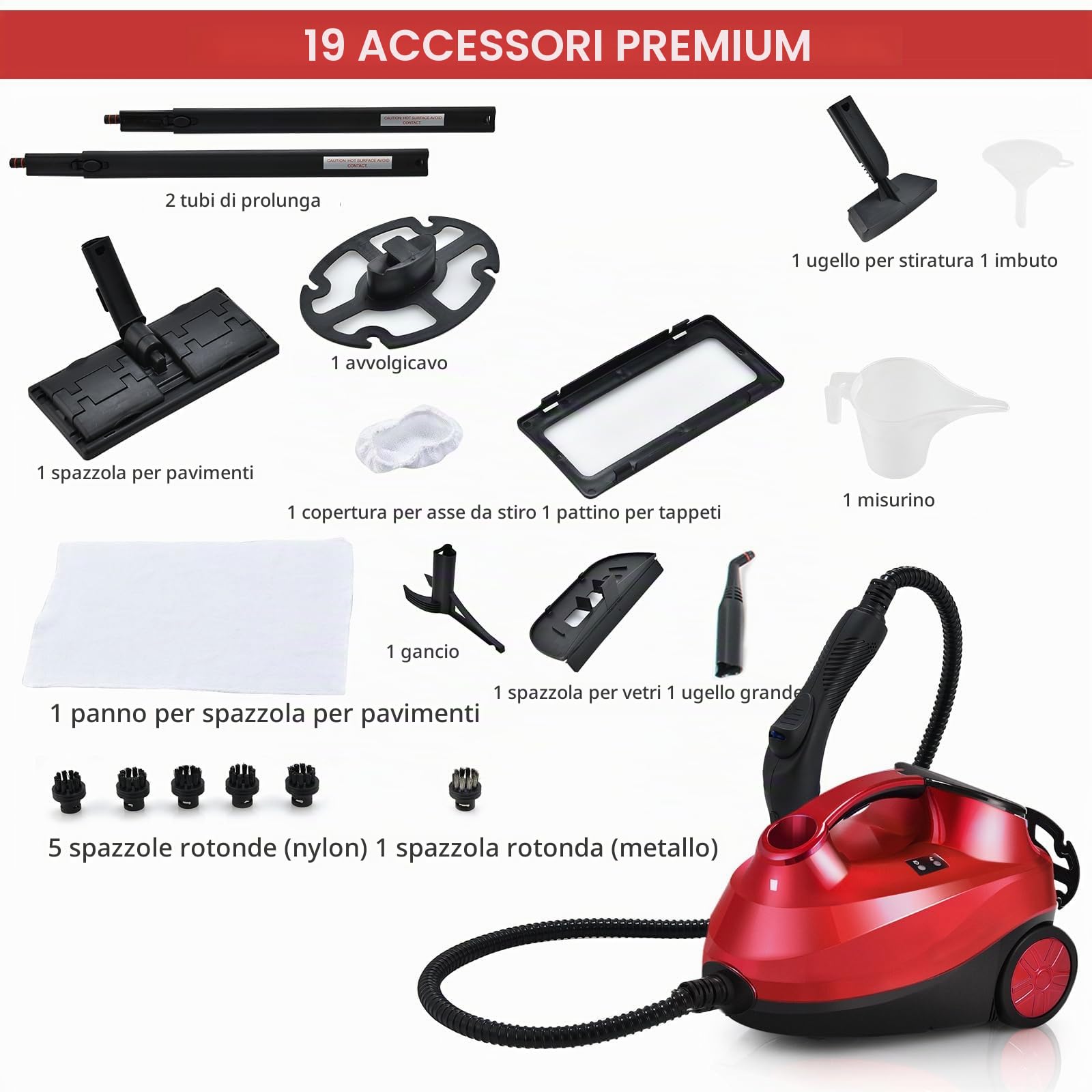 SOARS Pulitore a Vapore Portatile 2000W, Pressione del Vapore: 4 Bar, Massimo 108℃, Preriscaldamento: 5-6 Min, Serbatoio dell'Acqua: 1,5L, con 19 Accessori, per Divano, Pavimento, Finestra (Rosso)