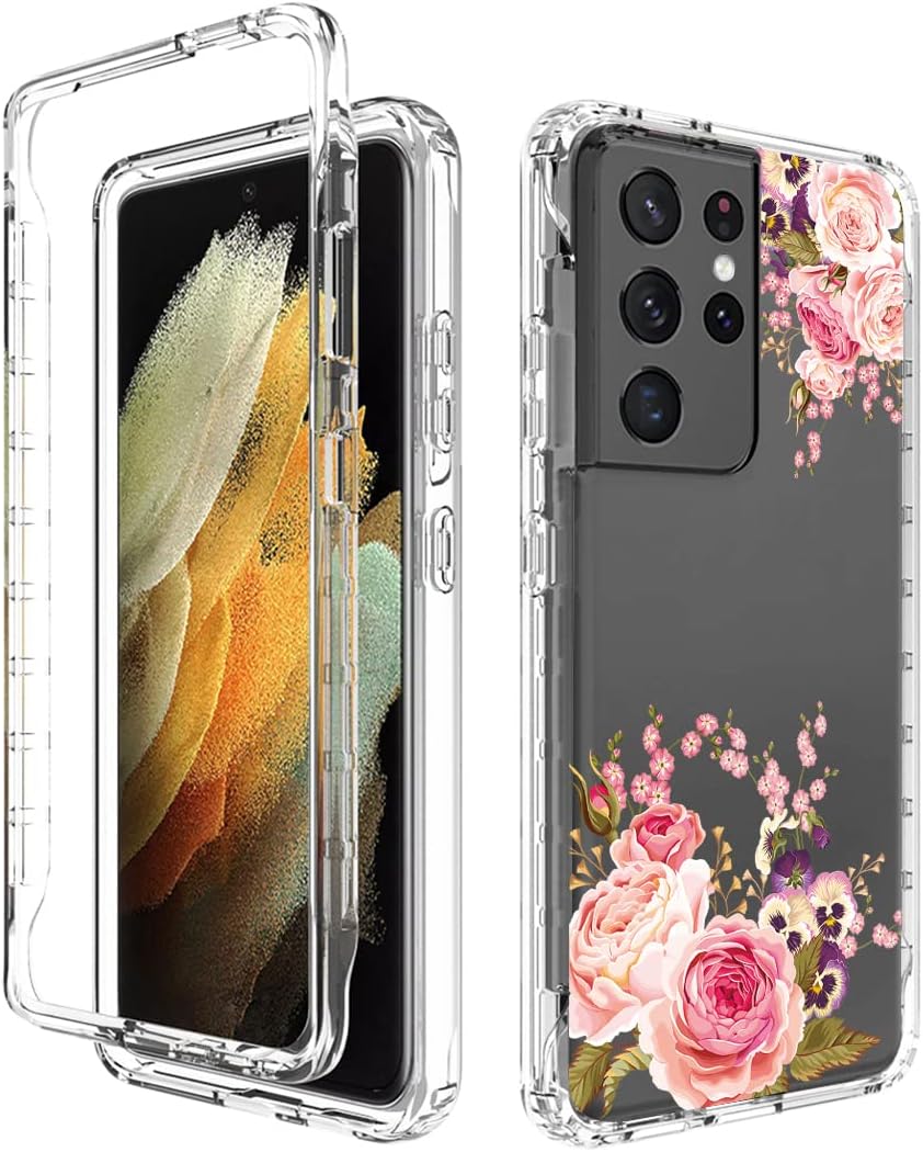 Case for Galaxy S21 Ultra 5G with Tempered Glass Screen Protector, Full Body Clear Floral Protection Phone Cover for Samsung Galaxy S21 Ultra Rose Flower - Image 6