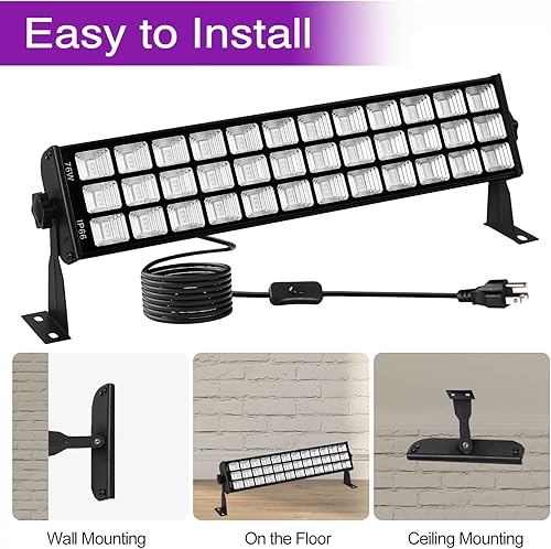 Miniatura 5 de Paquete de 2 barras de luz negra de 76 W, 108 LED, IP66, impermeable, luz de inundación con interruptor+enchufe+cable de 5 pies, luz de 1300 pies