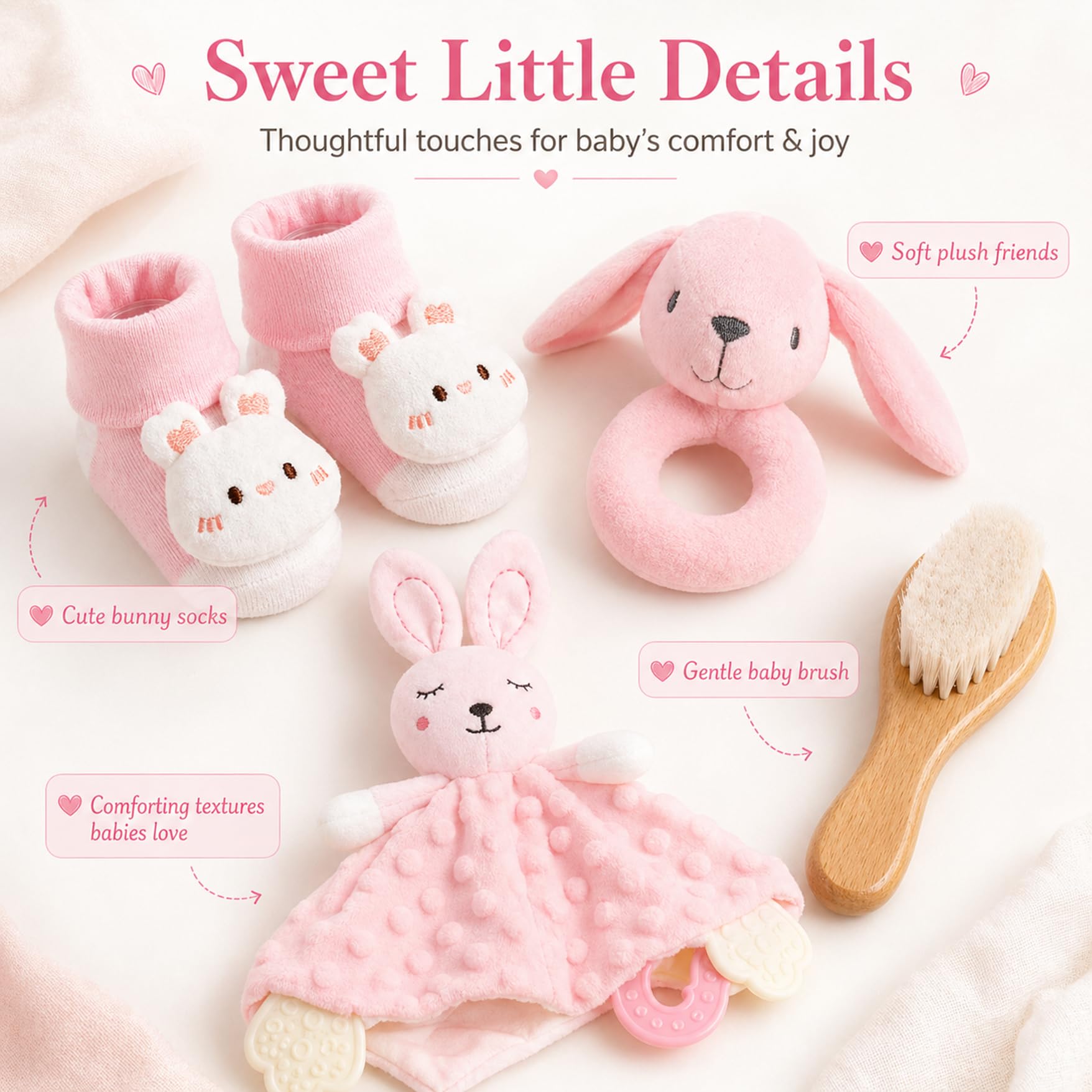 Coffret baptême bébé 15 pièces : couverture, body, hochet, doudou, brosse en bois, cartes étapes, bavoir, chaussettes antidérapantes et boîte souvenir. Rose.