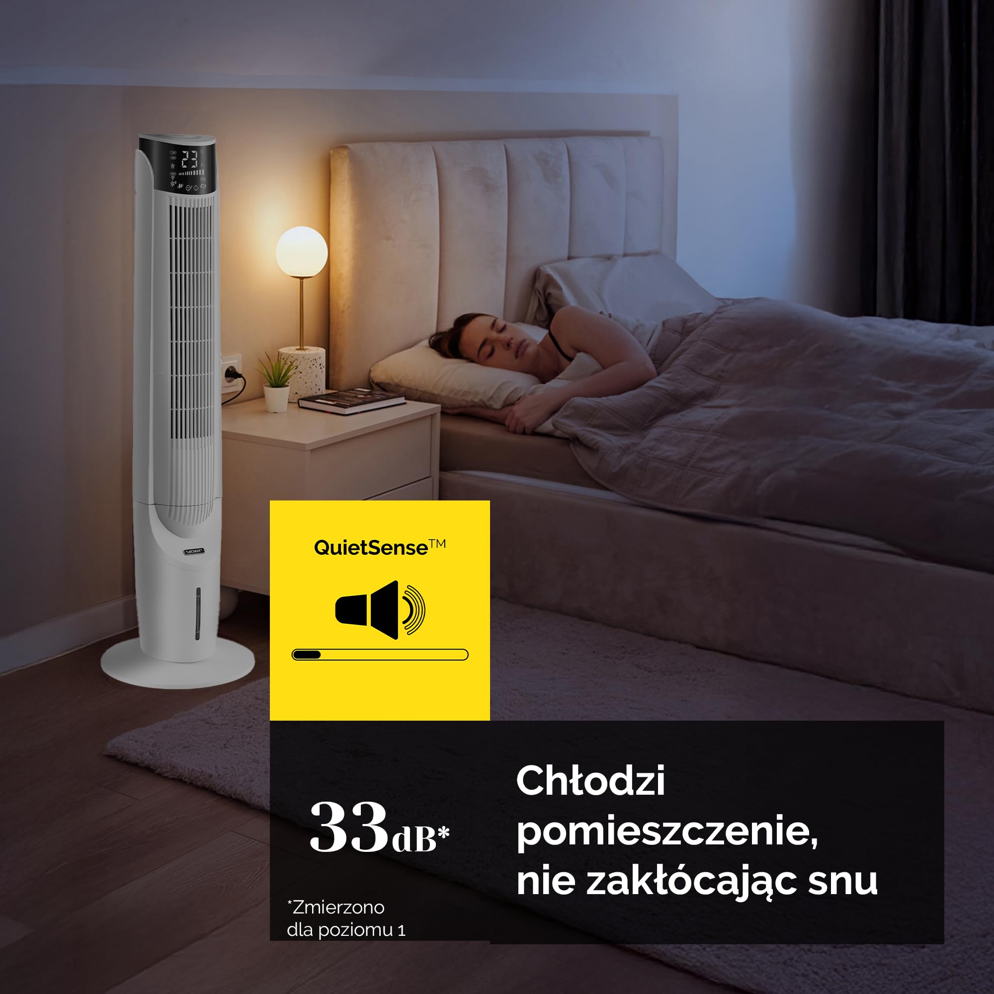 Yoer 33dB Cichy Klimator wodny przenośny 6w1, Wentylator kolumnowy, 60W, 10m Zasięg nawiewi, 2x szybsze chłodzenie, Nawilżanie powietrza, Aromaterapia, Jonizacja, 90° Oscylacja, Cascado TFC06W, biały