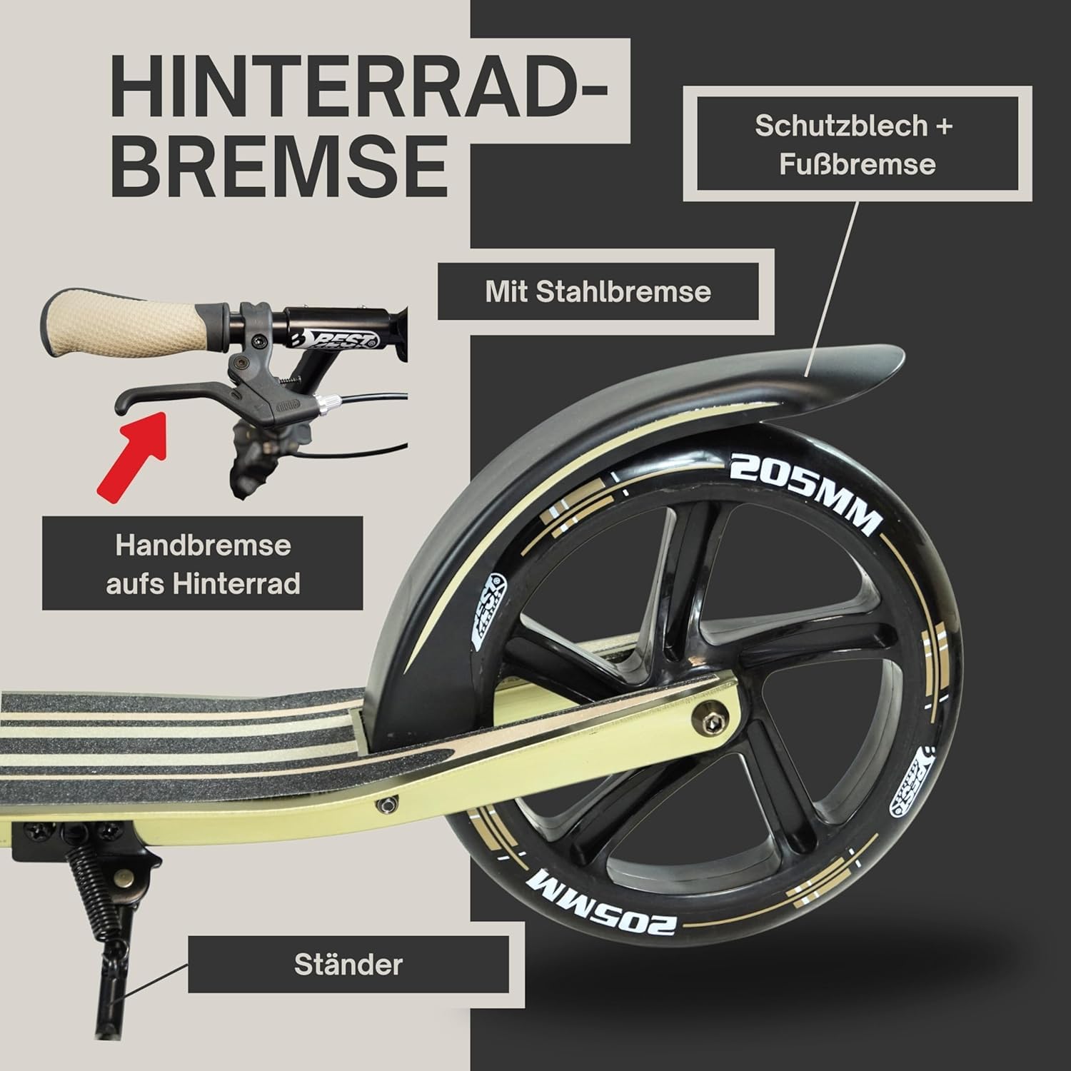 Best Sporting High End Scooter dla dorosłych, składana hulajnoga ze stojakiem, hamulcem ręcznym, dzwonkiem i paskiem do noszenia, hulajnoga miejska dla dorosłych I hulajnoga o rozmiarze rolki 205 mm