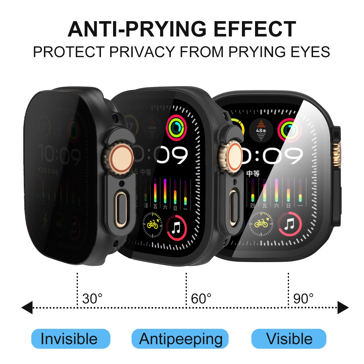 AOKUTDA Confezione da 3 custodie compatibili con Apple Watch Ultra 2/Ultra da 49 mm, protezione dello schermo in vetro temperato anti spia a 30°, copertura ultra sottile e completa, per accessori