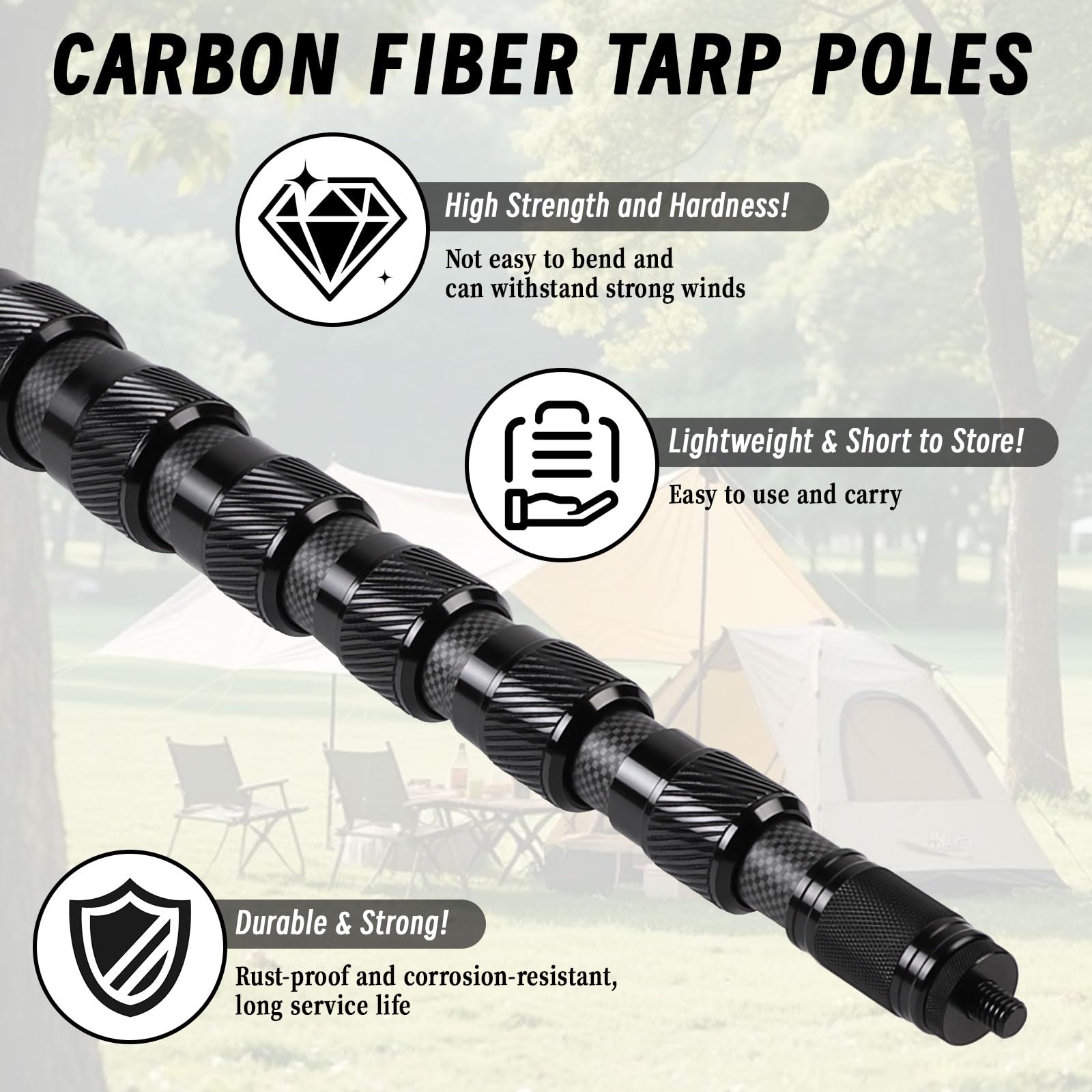 LALAGO Lot de 2 Poteaux de Tente Télescopiques en Fibre de Carbone - 2,7m Réglables Poteaux de Bâche, Mât de Bâche Télescopique Légers et Solides, pour Le Camping Tente, Taps ou Voile d'ombrage