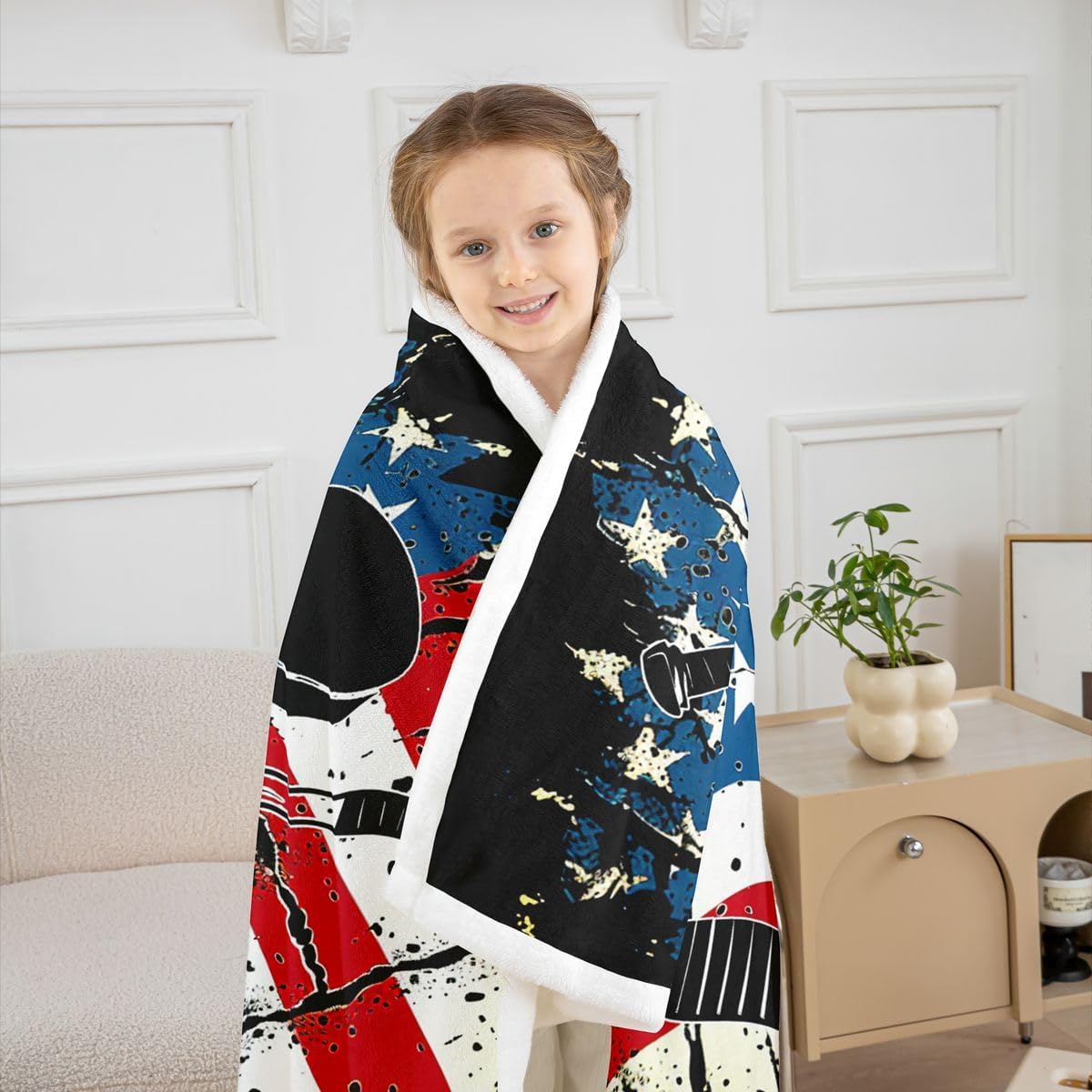 Ice Hockey Sherpa Blanket For Boys, American Flag Throw Blanket Twin Size United States Stars Stripes Fleece Blanket Ice Hockey Gifts For Girls, Hockey Sports Game Flannel Blanket Ice Hockey Decor