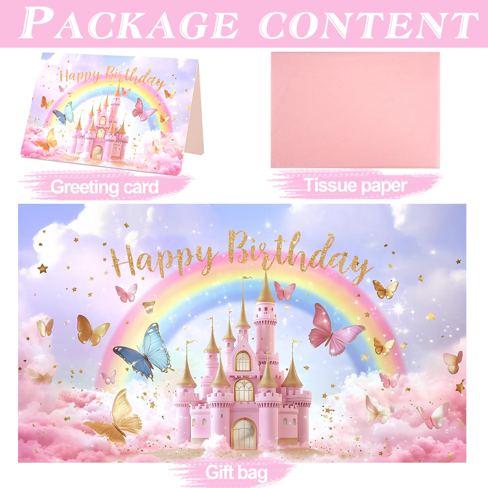 JOARHONAL Princess Castle Gift Bag - 13" Large Happy Birthday Gift Bag with Tissue Paper and Card for Girls Kids Pink Princess Themed Birthday Party Supplies