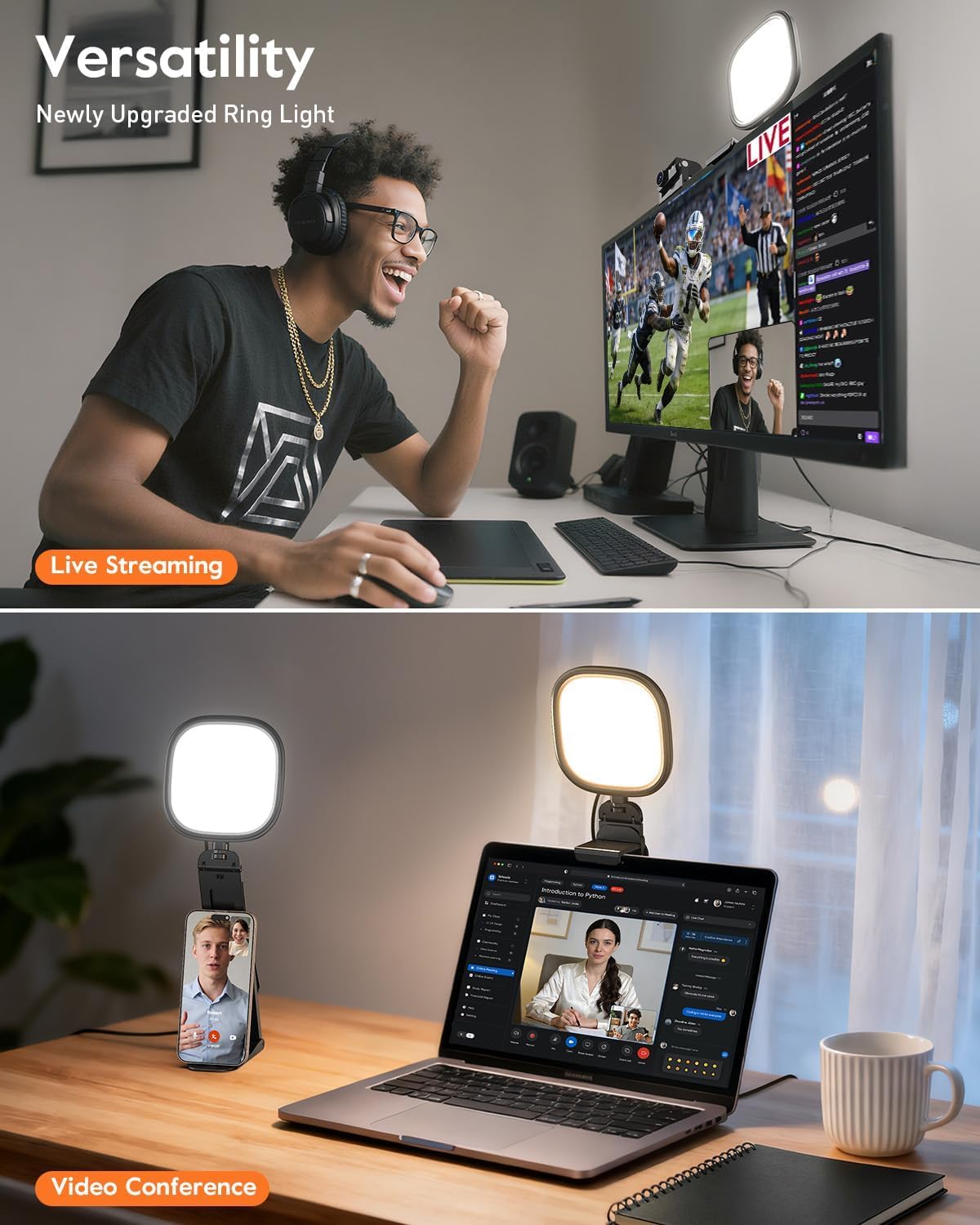 Luce ad anello aggiornata per laptop, monitor, scrivania e telefono, luce per webcam con 84 LED, 50 modalità di illuminazione, CRI 97.8+, piccola luce selfie alimentata tramite USB per zoom, streaming