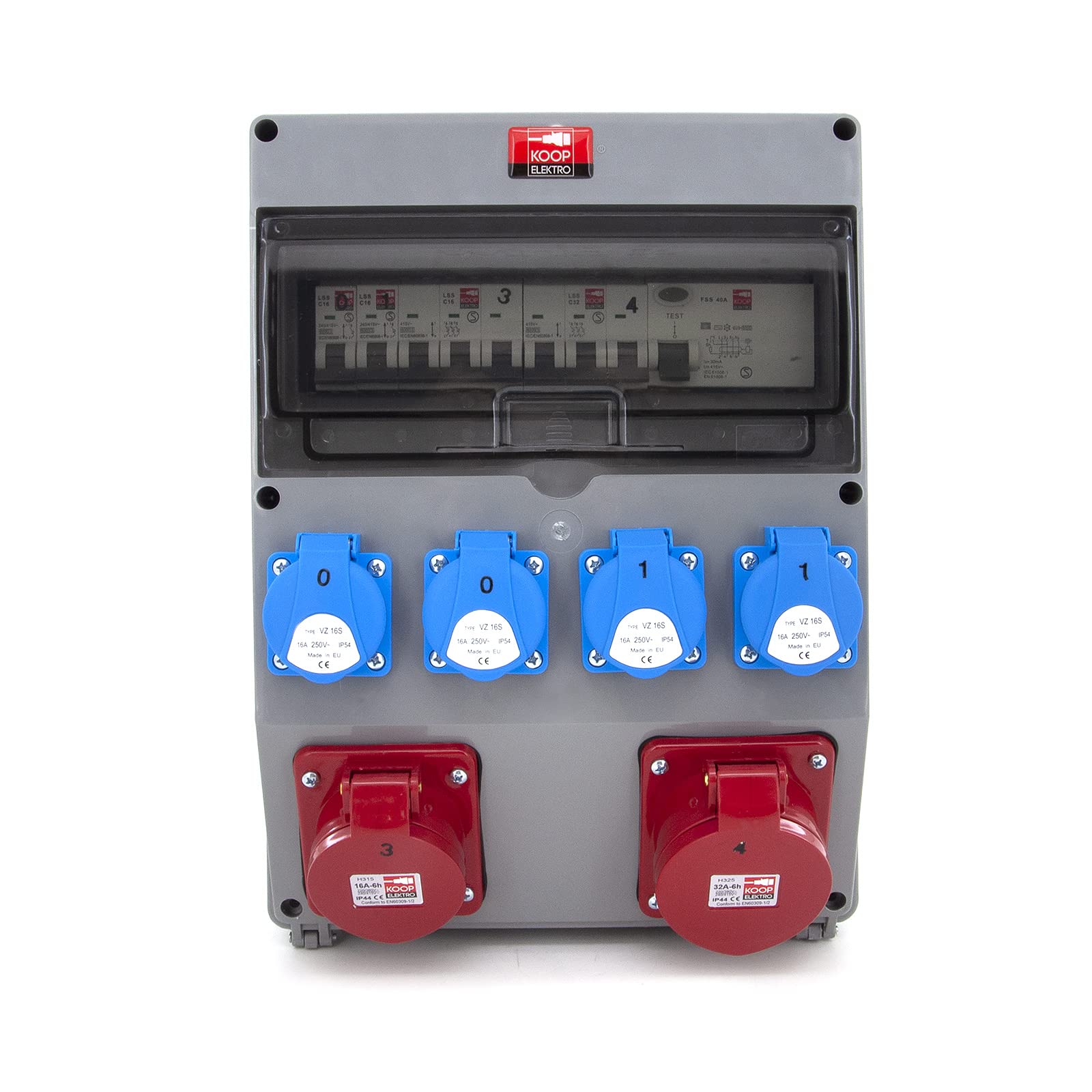 Wandverteiler mit FI-Schalter und Schuko 4x230V + 2xLS-Schalter, 1xCEE 16A, 1xCEE 32A, Steckdosen, Abgesichert, Verdrahtet, Anschlußfertig für Werkstatt, Garage, Fabrik, Feuchtraum.