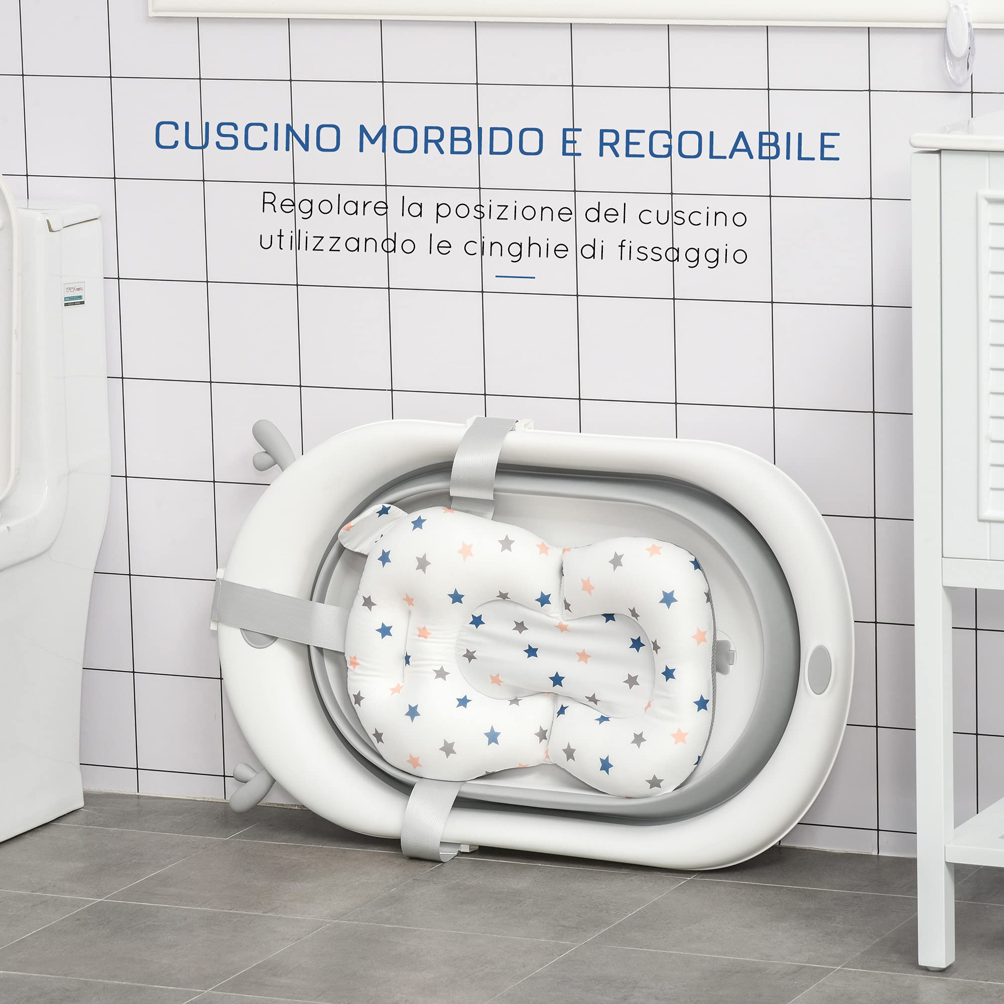HOMCOM Vaschetta Bagnetto Pieghevole per Bambini 0-3 Anni con Indicatore di Temperatura e Cuscino, 81.5x50.5x23.5cm, Bianco