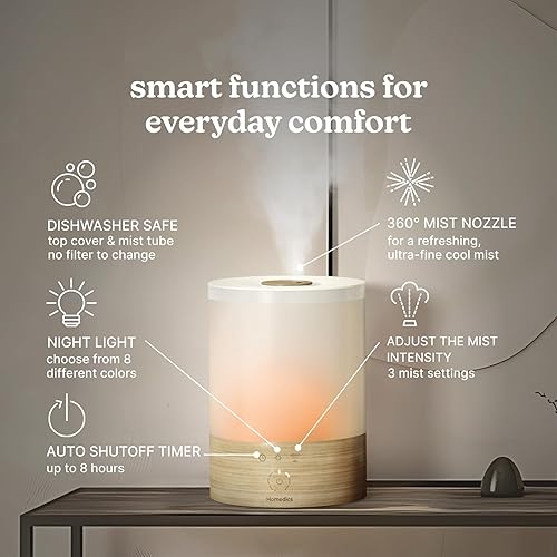 Miniatura 3 de Homedics Humidificador ultrasónico de niebla fría, tanque de llenado superior de 0.66 galones, tiempo de funcionamiento de 24 horas, 3 ajustes de