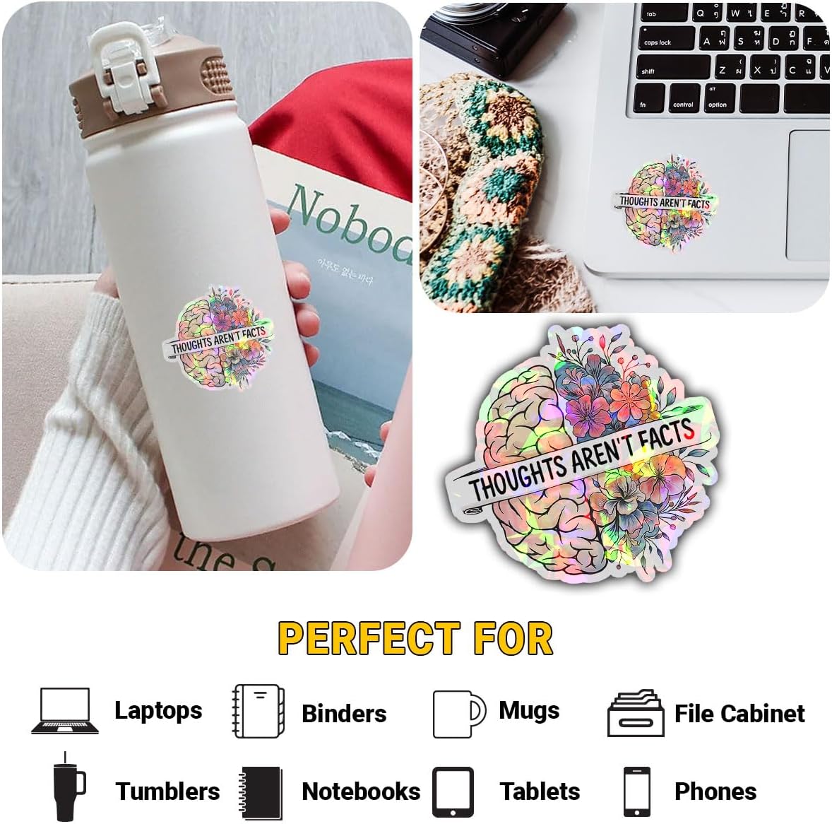 3 Pcs Thoughts aren't Facts Stickers, Mental Health and Recovery Sticker CBT Cognitive Behavioral, Self Love Anxiety for Helmet Water Bottle Laptop Tumbler Phone Case Cars 3"x3" (Hologram)