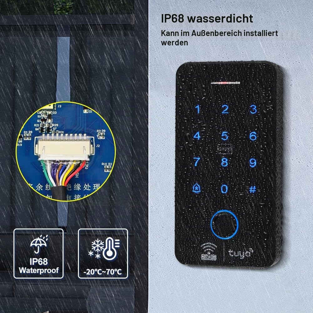 WiFi TUYA Fingerabdruck-Zugangskontroll-Controller für den Außenbereich, wasserdicht, RFID-Touch-Tastatur, Türschloss, kompatibel mit 125 kHz und 13,56 MHz, Dualband-Smart-App-Entsperrung