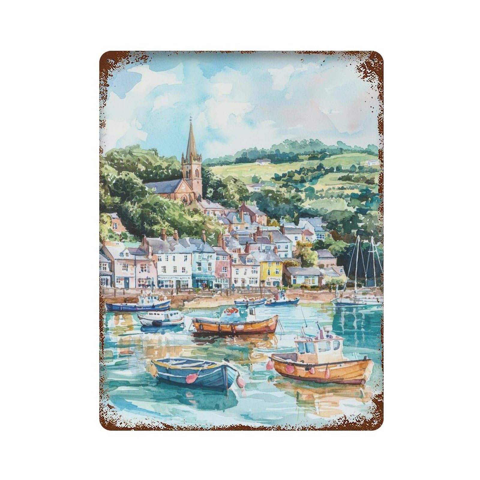 xiaoxiaoshen Fowey Corn UK Coastal English Harbour Seaside Travel Gift Wall Decor Art Metal Tin Poster Modern Home Decor Art Home Bar Shop Decorations Vintage Sign 40x30cm