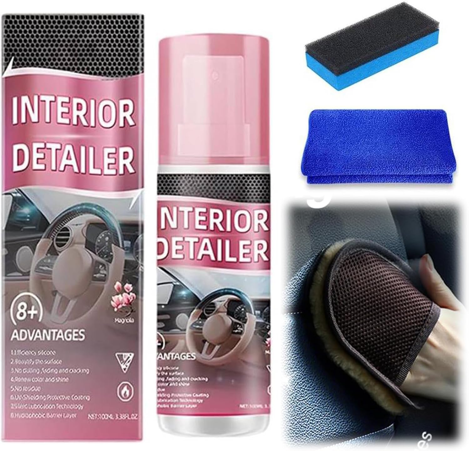 100ml Car Interior Cleaner Spray with Towel and Sponge All Purpose Car Interior Detailer Cleaner for Dashboards Seats Leather Plastic (3Pcs)