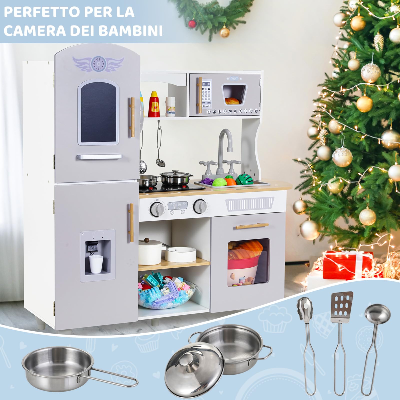 MAMIZO Cucina Bambini Legno, con Pentole e padelle, Telefono, Lavello, Fornelli, Macchina del Ghiaccio, Cucina Giocattolo per Bambini con Luci e Suoni, 79x82x30 cm, Grigio