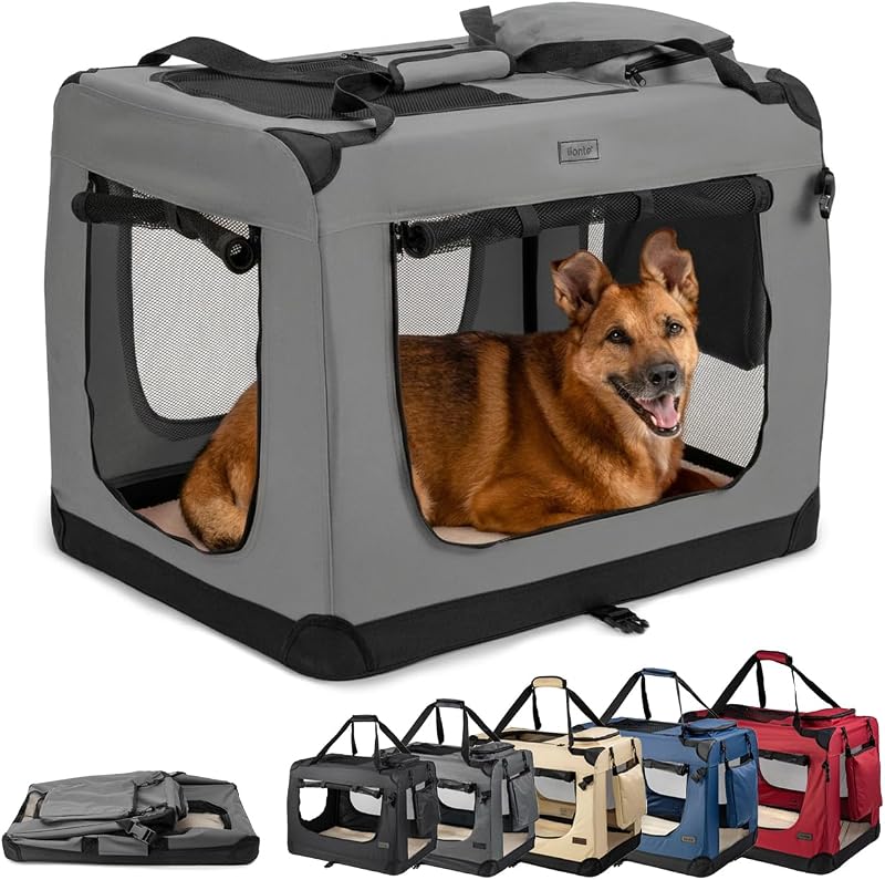 lionto Foldable Transport Box for Dogs and Cats, 82 x 58 x 58 cm, Sturdy Oxford Fabric + Handles & Cover, for Pets up to 18 kg, Box for Small and Large Dogs, Grey