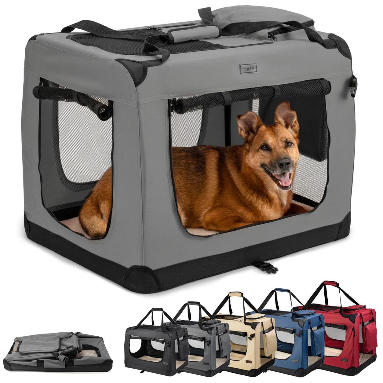 lionto Składany transporter dla psa do podróży i samochodu, 82x58x58 cm, wytrzymały transporter z uchwytami i kocem dla kota i psa do 18 kg, mocna torba z tkaniny, szary