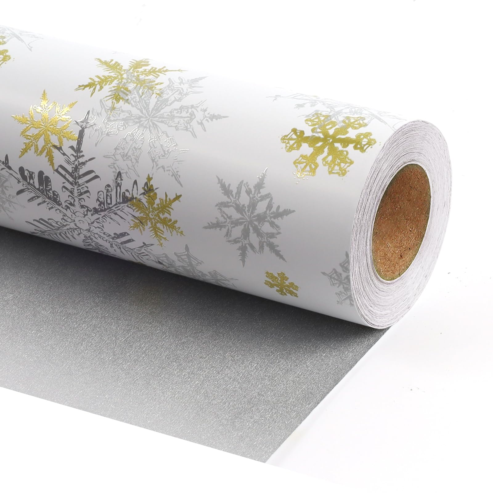 LaRibbons Gold & Silver Snowflake Christmas Wrapping Paper, Reversible Wrap with Metallic Foil and Silver Back, Elegant Xmas Roll for Adults, 17 inch x 33 feet — image 1