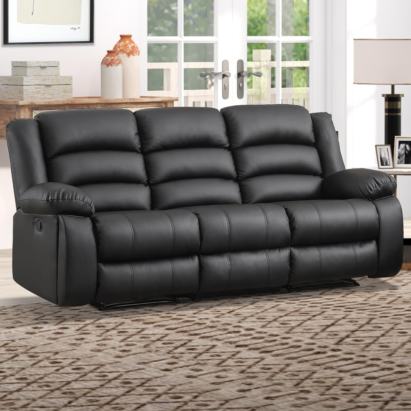 Faux Leather Manual Reclining Sofa with 2 Concealed Cup Holders, Overstuffed Armrest 3 Seat Recliner Couch for Living Room, Bedroom, Meeting Room, Black