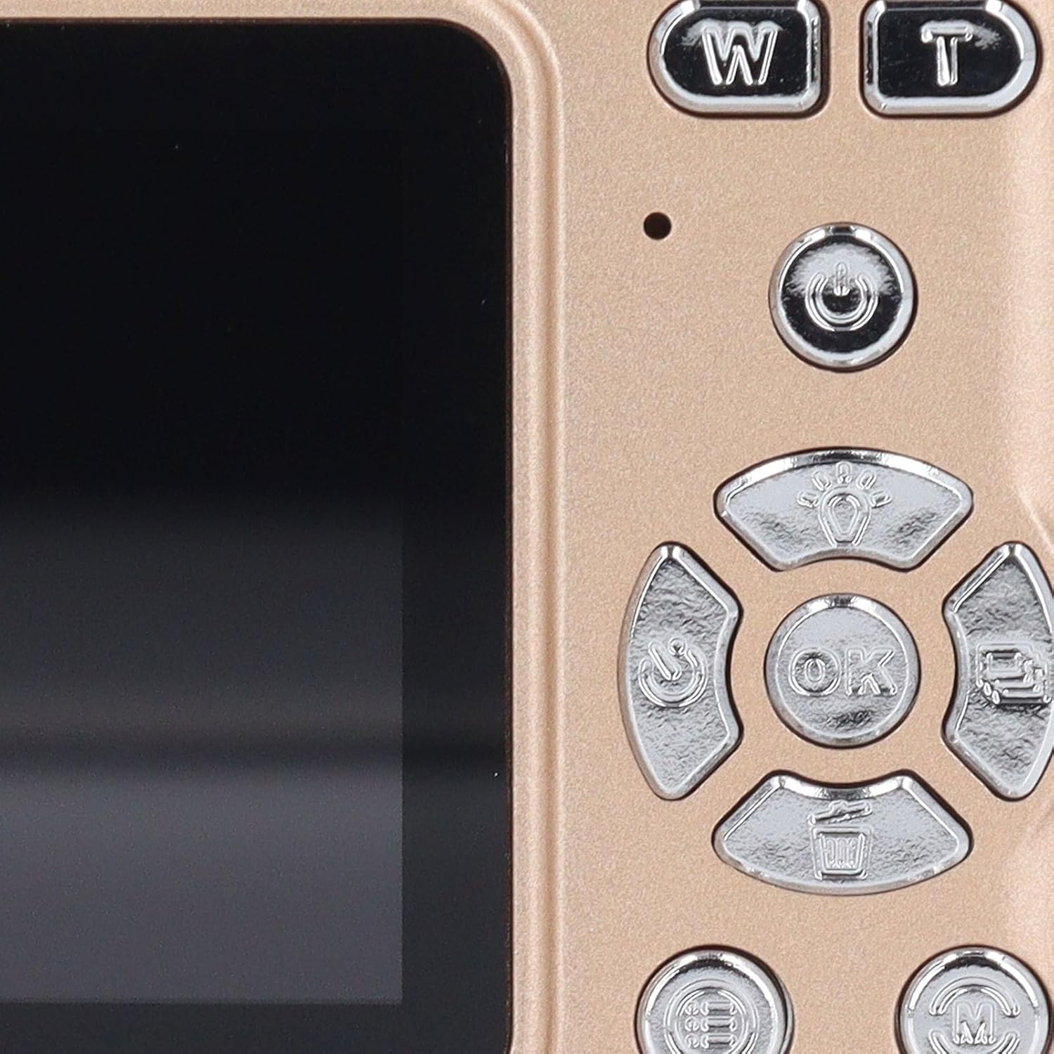 Close-up of the camera's back panel, showing the power button, zoom controls (W/T), navigation buttons, OK button, and menu/delete buttons.
