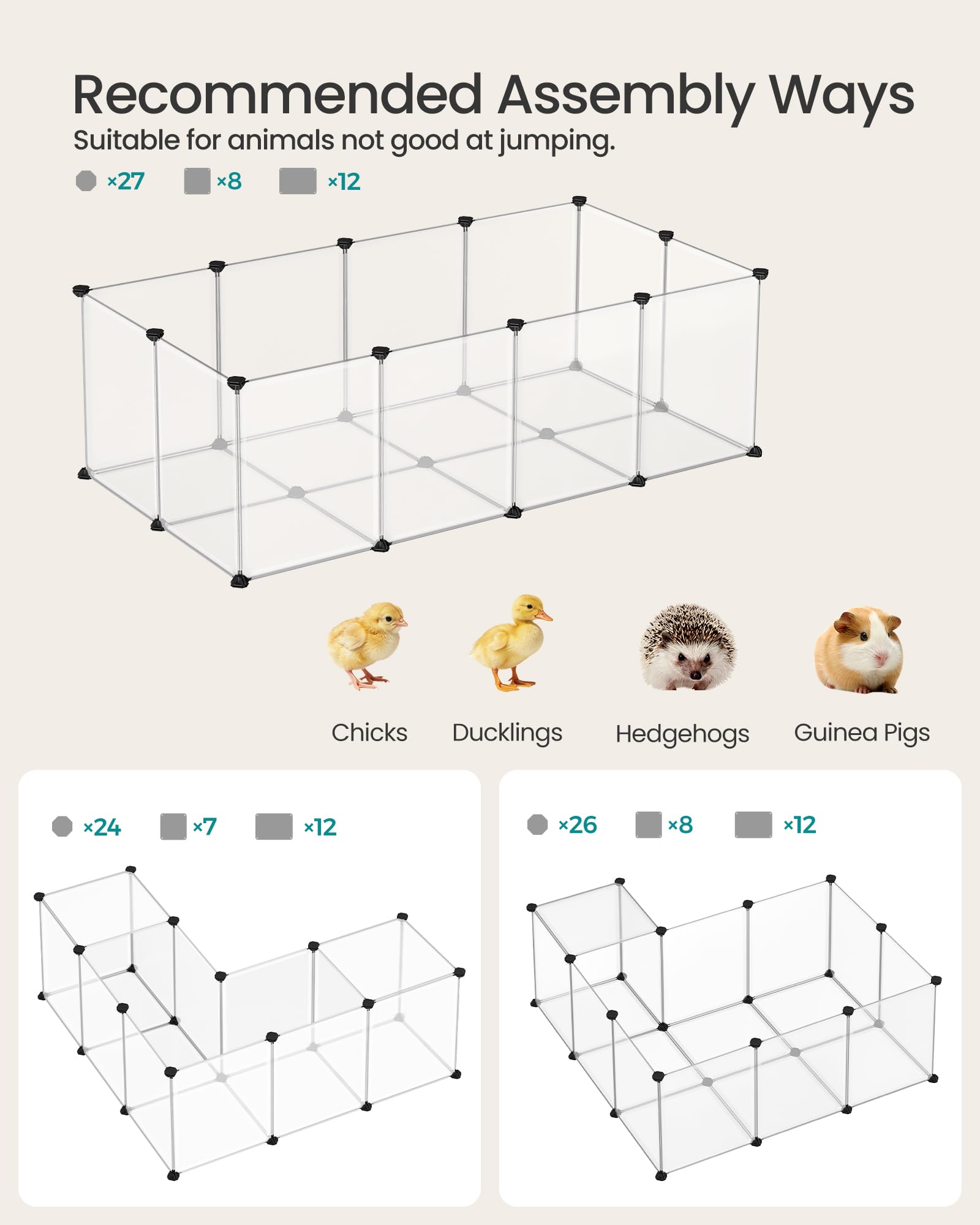 Songmics - Jaula de valla con parte inferior para animales pequeños, cobayas, hámsters, conejos, correr y cortar mascotas, paneles de plástico transparente, ULPC02W