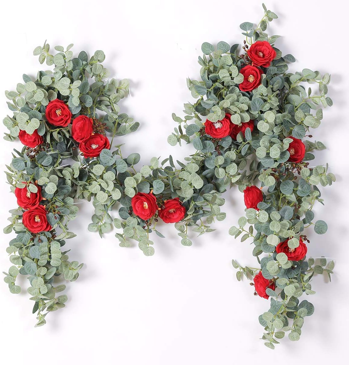 Artificial Eucalyptus Garland with Champagne Roses Greenery Garland Eucalyptus Leaves Wedding Backdrop Wall Decor (Eucalyptus Garland With Red Roses)