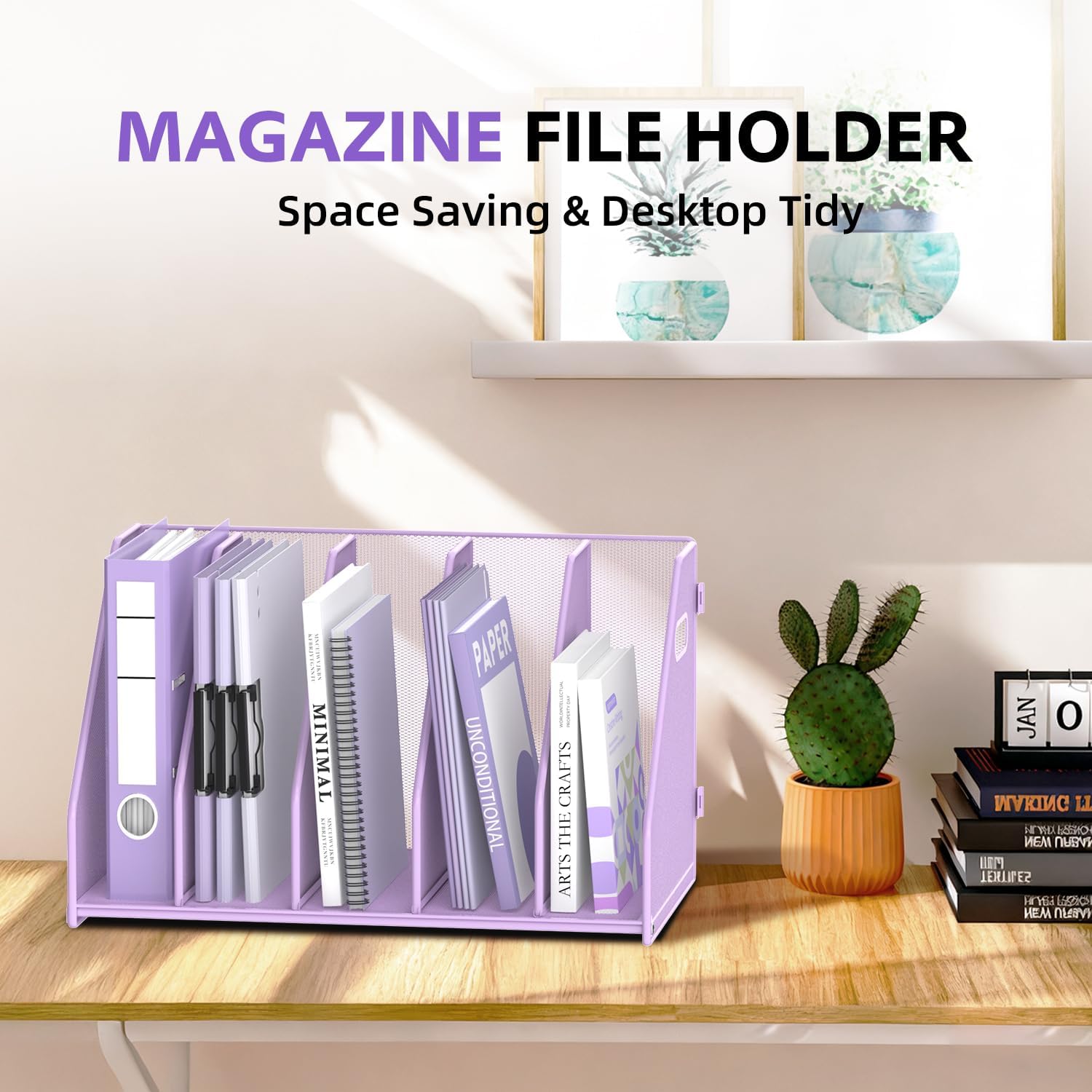 SUPEASY Binder Organizer, Magazine File Holder with 5 Vertical Compartments Rack, Metal Desk File Organizer & Binder Holders, Magazine Organizers for Office Desktop, Home, School (Purple)
