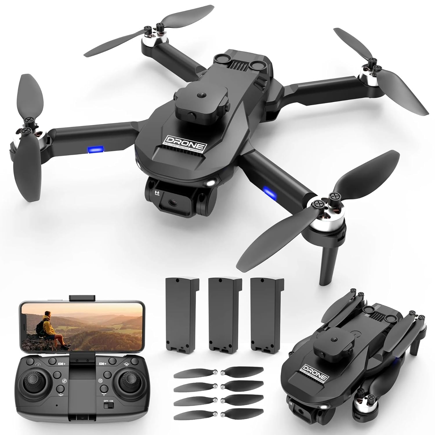 Amitasha F196 Drone with 1080P HD Camera WIFI FPV Live Video 4K Dual Camera Obstacle Avoidance Foldable Drone Headless Mode Altitude Hold RC Quadcopter with Brushless Motor Speed Adjustment, 3D Flips