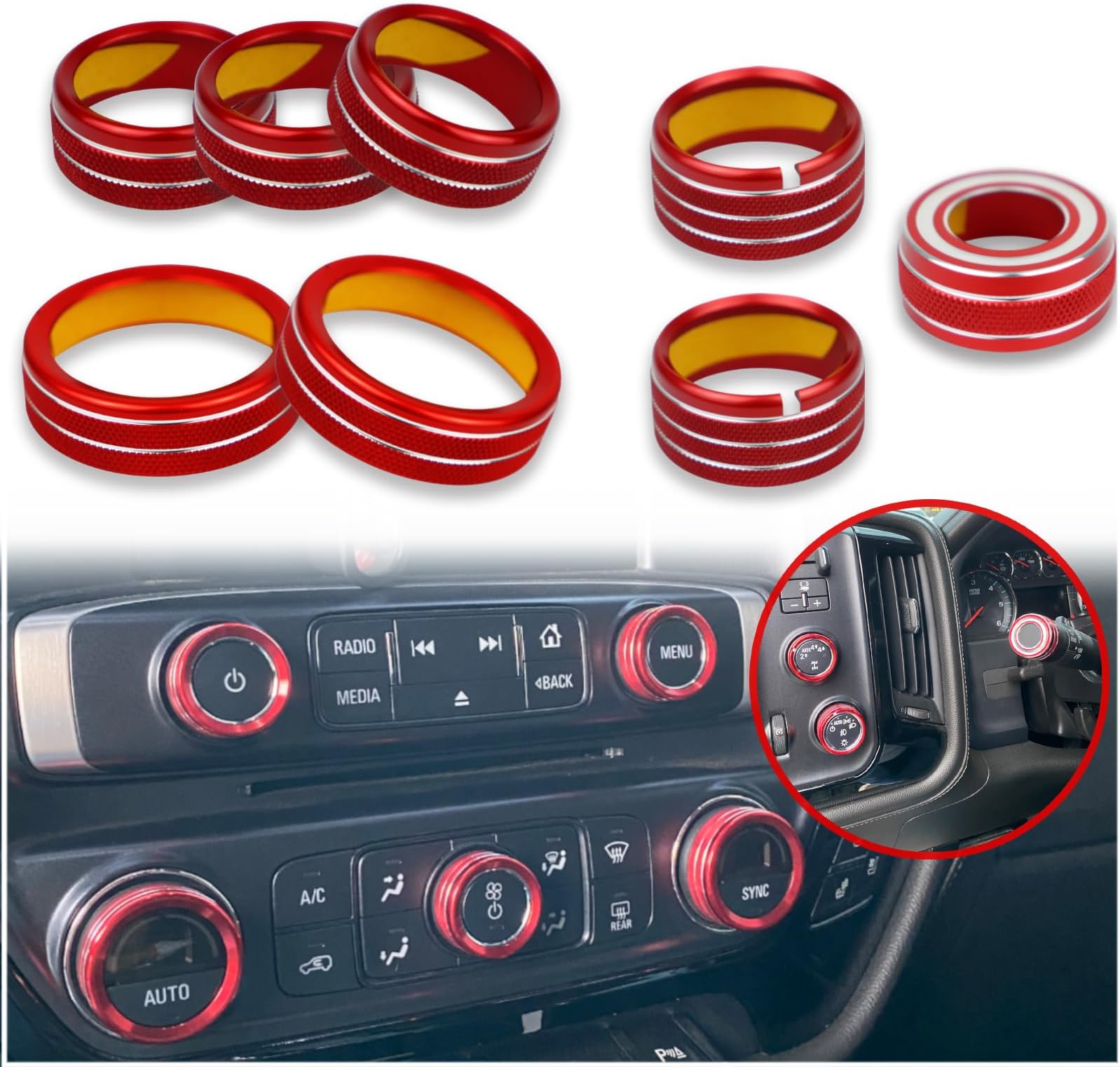 Center Console AC Air Conditioner Button Knob Cover 4WD Light Switch Ring Trim Compatible with GMC Sierra Chevy Silverado 2014 2015 2016 2017 2018 Interior Accessories (Red)