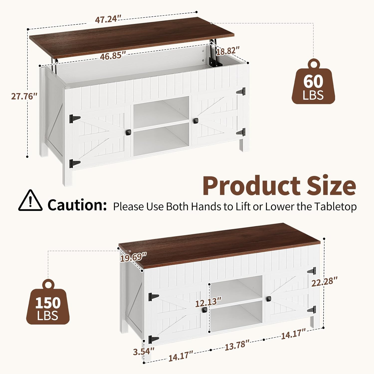 Lift Top Coffee Table with Storage - White Coffee Tables for Living Room, Farmhouse Wood Center Table, Large Rectangle Middle Tables with Hidden Compartment & Adjustable Shelf