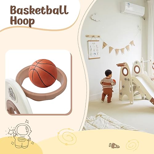 Miniatura 5 de Merax Juego de tobogán y columpio 4 en 1 para bebé, tobogán interior para niños con aro de baloncesto, escalador y columpio, tobogán para patio de