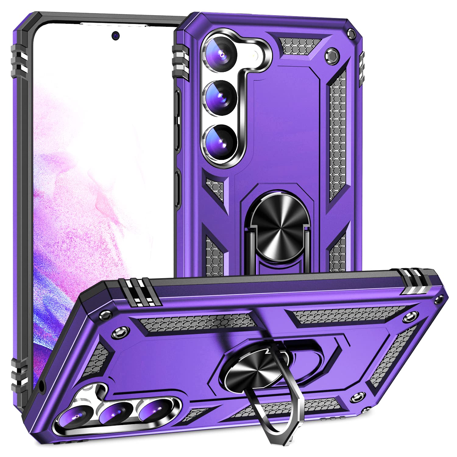 Dionsibei Military Grade Drop Impact for Samsung Galaxy S23 Case Galaxy S23 5G Case 360 Metal Rotating Ring Kickstand Holder Armor Heavy Duty