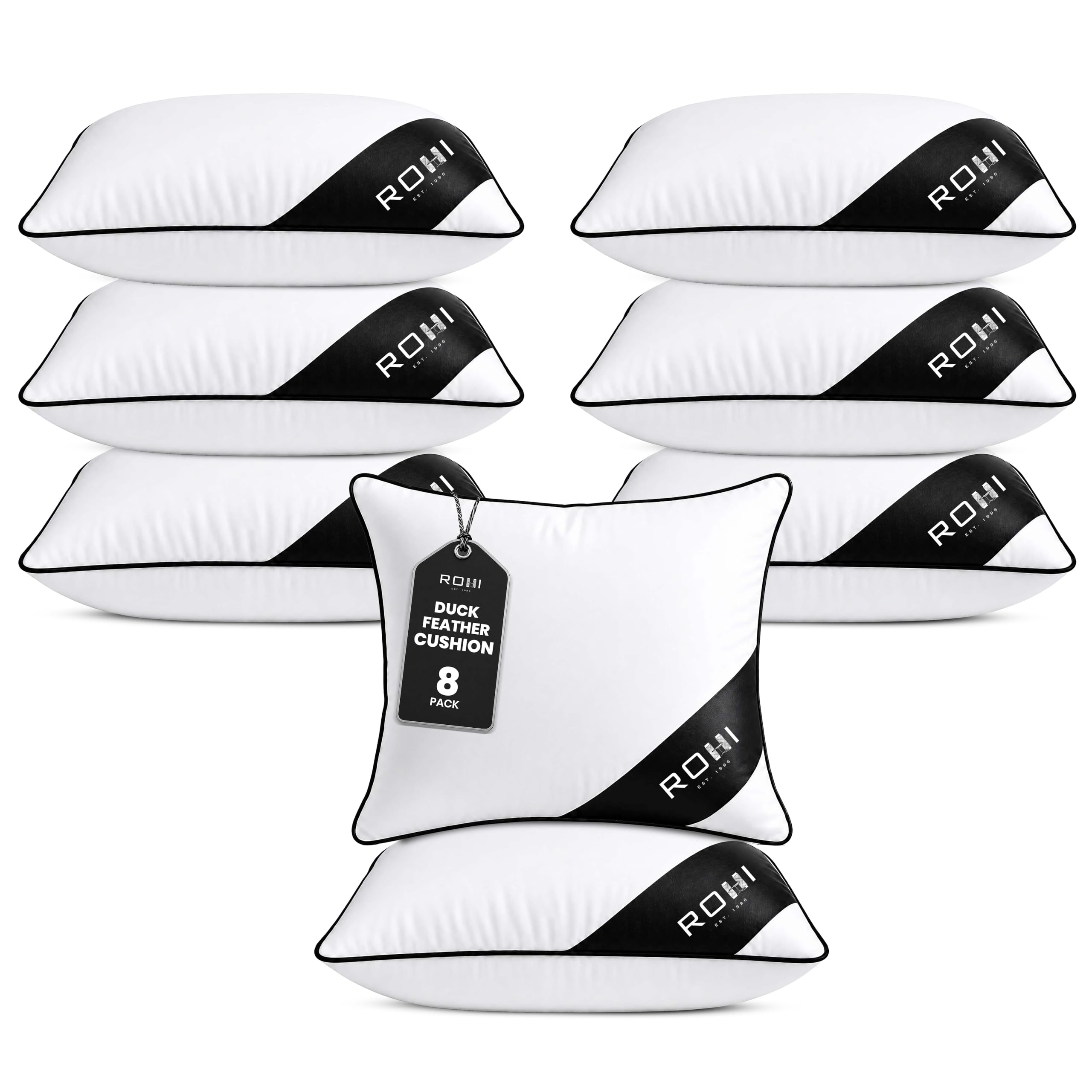 Rohi Pack Of 8 Hypoallergenic Duck Feather Cushion Inserts 45Cm X 45Cm (18"X 18") - Double Stitched Seams - Bed & Sofa Cushions With Duck Feather & Down Filling (,18" X 18" | 45Cm X 45Cm)