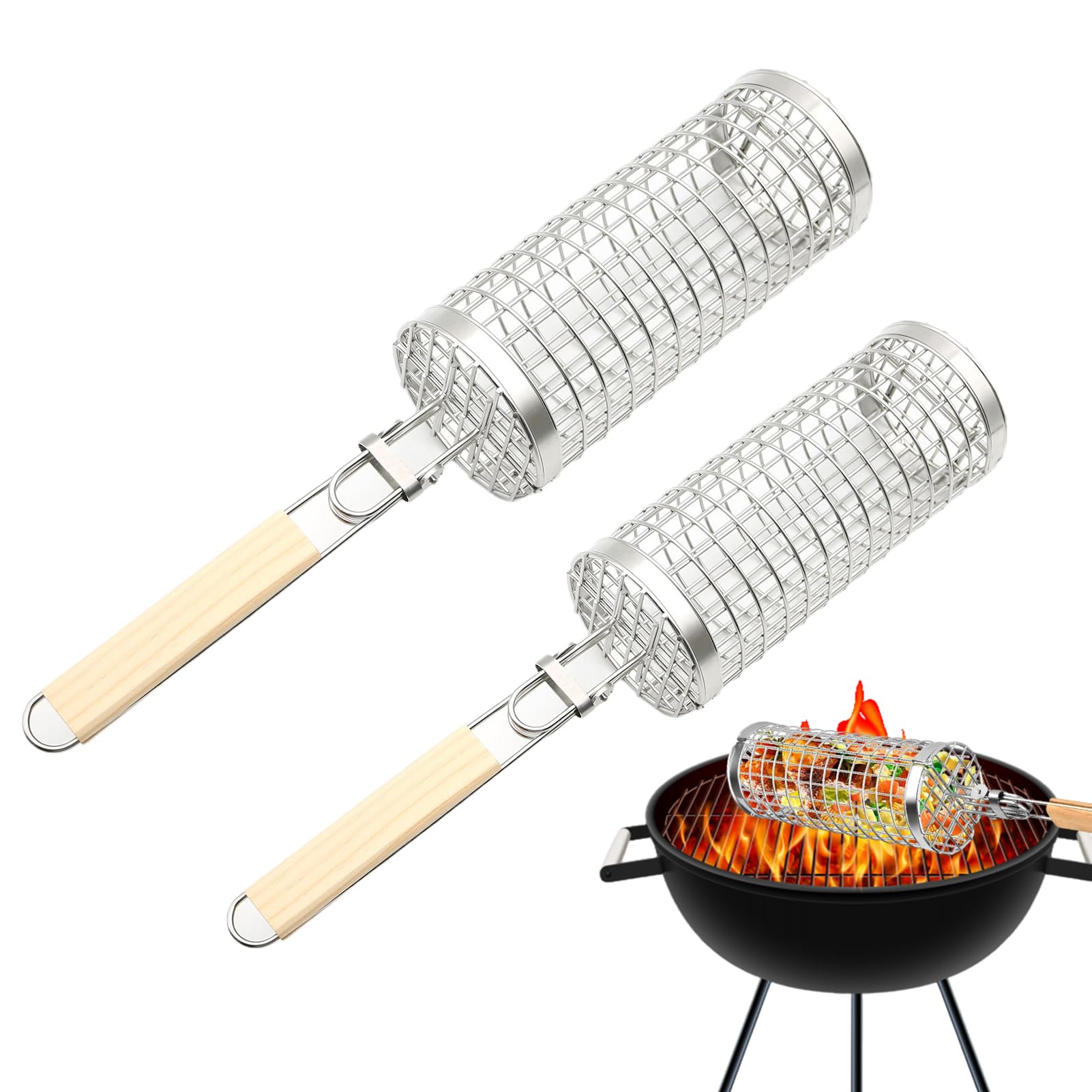 Składane w stos obrotowe kosze do Zestaw 2 Okrągłych Grillów Obrotowych Ze | Okrągły Kosz BBQ Do Warzyw Na Krewetki, Frytki, Dla Fanów Outdooru, Na Kemping, Spotkania Rodzinne,
