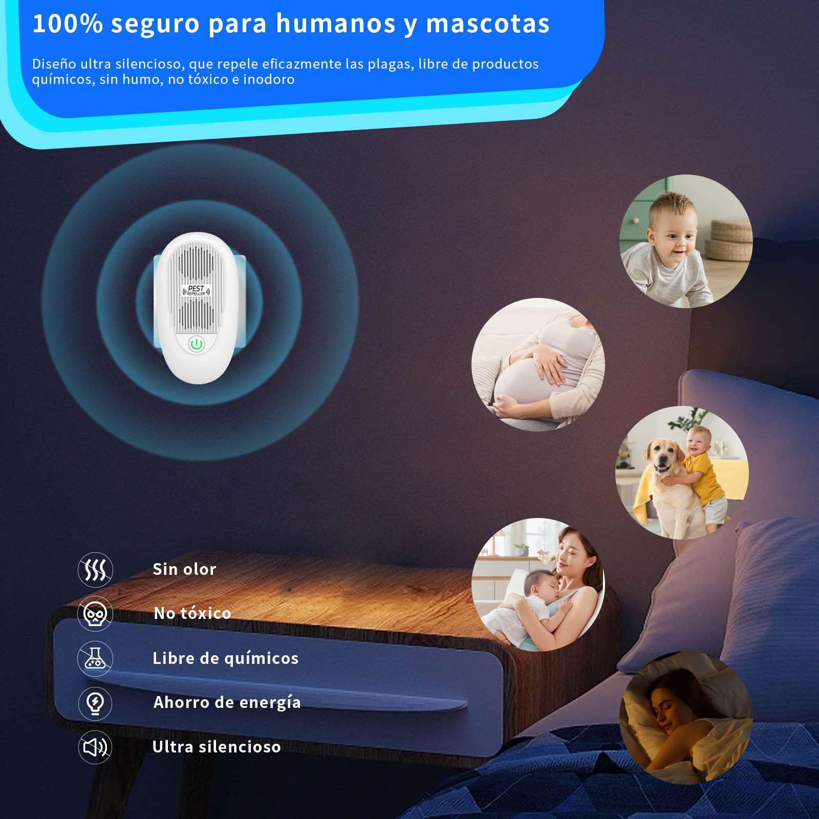 Ahuyentador de Ratas, 4 Piezas Repelente Ultrasónico de Plagas Interior, Auyentadores de Ratones Potente Ultrasonidos Cucarachas Anti Arañas Moscas Ahuyenta Mosquitos para Casa Oficina