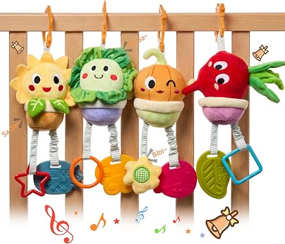 TUMAMA Baby Toys 0 3 6 12 Months, Hanging Stroller Vegetable Crib Car Seat Toys, Infant Newborn Crinkle Infant Rattles with Teether Squeaky Sensory Developmental Toy