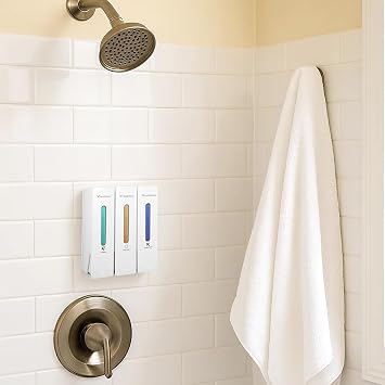 Shampoo and Conditioner Dispenser,Shower Dispenser 3 Chamber No Drill,Shower Soap Dispenser Wall Mounted for Bathroom Hotel with Upgrade Pump Head(White 3 Chamber)