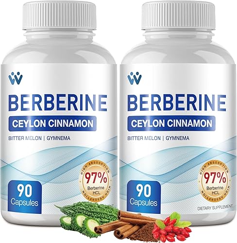Suplemento de berberina de 1500 mg  Berberina HCl 97% de pureza con suplementos de complejo de canela de Ceilán, sin OMG, vegano  180 cápsulas
