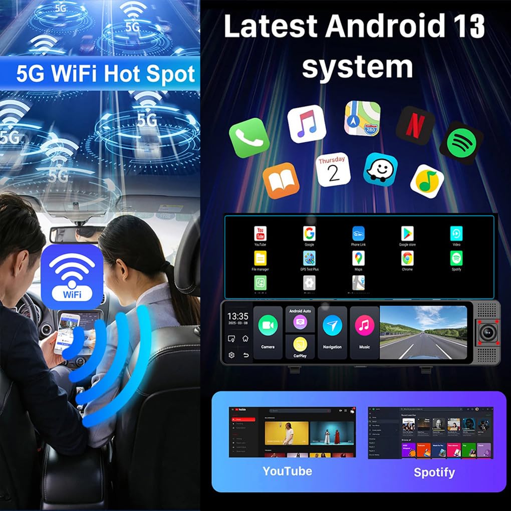 Cámara de salpicadero para Coche DVR de 3 Canales con 12 cámaras, grabación HD 1080P, Espejo retrovisor, de estacionamiento 24 Horas, 4G, Android