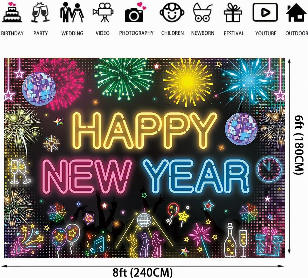 Toile de fond néon Happy New Year Disco phosphorescente pour fête du Nouvel An - Décorations de feux d'artifice couleur néon pailletée 2026 NYE - Fournitures de fête - Accessoires photo (8X6FT (244 x