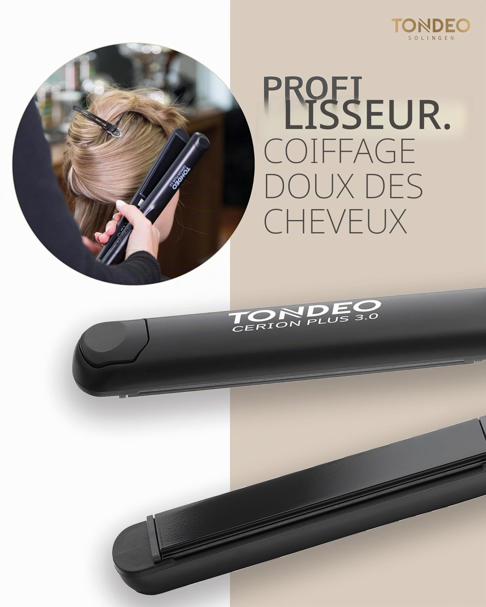 TONDEO Lisseur Cheveux CERION PLUS 3.0 | Lisseur pour boucler et lisser les cheveux | Développé par des coiffeurs professionnels